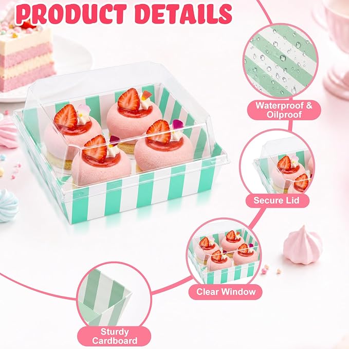 Vesici 200 Pcs 5 Inch Small Charcuterie Boxes with Clear Lids Cake Slice Containers Striped Paper Bakery Boxes Disposable Food Containers for Dessert Cookie Sandwich Mini Cake Strawberry