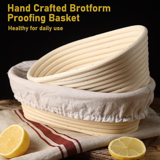 Bread Proofing Basket Set of 2, 10 inch Oval Sourdough Proofing Bowls with Liners, Handmade Rattan Baskets for Bread Making Baking Fermentation