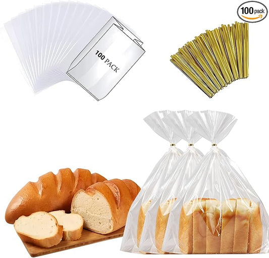 Reusable Bread Bags for Homemade Bread & Sandwich Bread ， 100 Pack Clear Plastic Storage Bags with Ties, Airtight Food Safe Design for Home Bakers and Bakeries（8"x2.4"x12"）