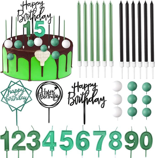 Yerliker 34 Pcs Happy Birthday Cake Toppers Decorations Birthday Candles DIY Cake Decor for Men Women Wedding Anniversary(Green Black White)