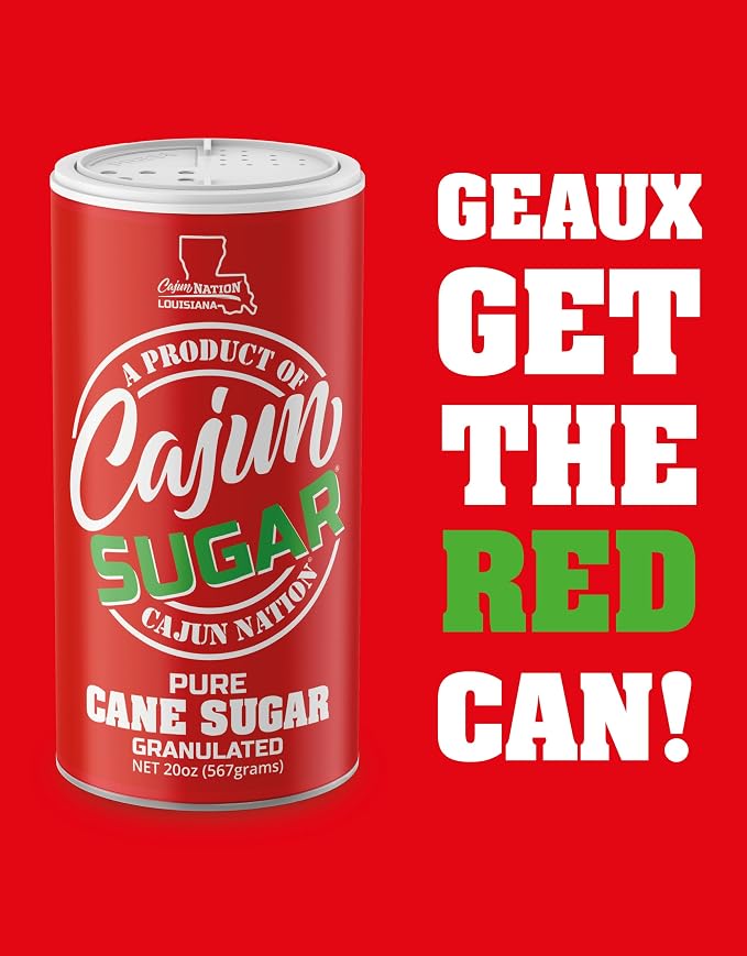 Cajun Nation CAJUN SUGAR 100% Pure Cane Sugar – White Sugar 20oz Canister, Natural Sugar for Coffee, Tea, Baking – Sugarcane Sweetness – The Sweet Is Right – Geaux Get the Red Can!