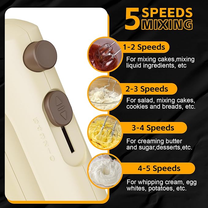 Lord Eagle 5-Speed Hand Mixer Electric With 4 Stainless Steel Mixing Bowls Set, 300W Lightweight Kitchen Handheld Mixer with Measuring Cups & Spoons, Baking Supplies for Cake, Cream
