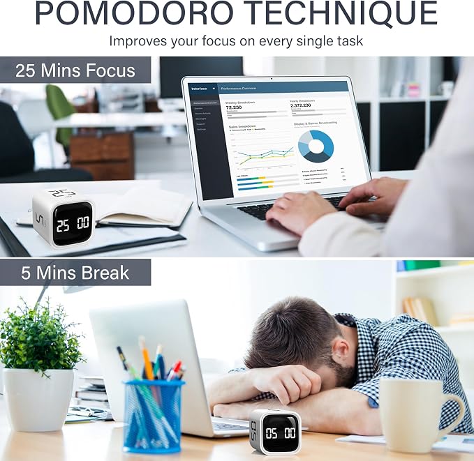 Rotating Pomodoro Timer 5, 25, 10 50 Minutes Preset, Desk Productivity Flip Timer, ADHD Tool Cube Countdown Stopwatch, Vibration/High/Low Volume/Custom Modes, for Work, Study, Back to School, White