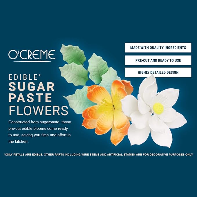 O'Creme White Garden Roses Gumpaste Flower Set - 1-1/4" Edible Flowers for Cake Decorating - Sugar Paste Decorations for Cakes, Cupcake Toppers - Birthday, Valentine's Day - Baby Shower - Set of 12