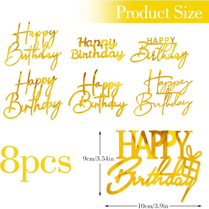 Amabro Happy Birthday Cake Topper, 8 PCS Golden Cake Decoration Set, Acrylic Mirror Cake Topper Inserts Accessories for Anniversary