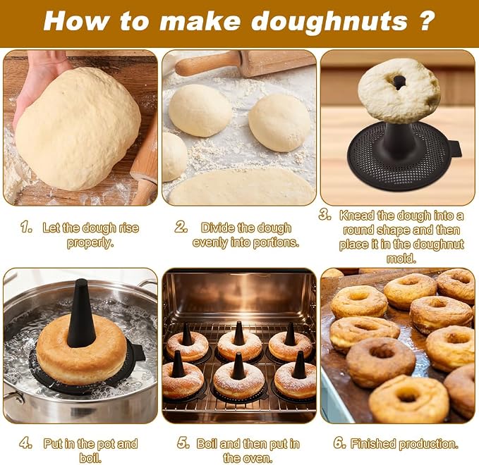 Silicone Donut Bagel Baking Mold Set, 6 Pack, 5.3 in Dia, Oven Use | Brown, perforated base, -22°F to 446°F, not for stovetop or open flame, before buying confirm pan and oven space