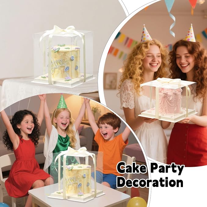 24 Pcs Clear Gift Box with Ribbon 2-Layer 8.5x8.5x9 Inch, Transparent Cake Carrier Box with Lids, PET Tall Cake Packaging Boxes, Clear Gift Boxes for Birthday,Wedding and Festival Party