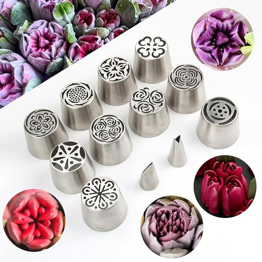 22 Pcs Stainless Steel Extra Large Russian Tulip Flower Icing Tips Set, 10 XXL Piping Nozzle,1 Big Leaf Tip,1 Petal Rose Flower Tip,10 Disposable Pastry Bags for Cake Decorations