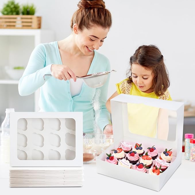 6 Packs Cupcake Boxes, 13x10x3.5 Inch White 12 Count Cupcake Containers with Clear Window, Auto-Pop Up Cupcake Carrier with Inserts for Cup Cake, Cupcake Holder for Muffin, Cookies and Pastry