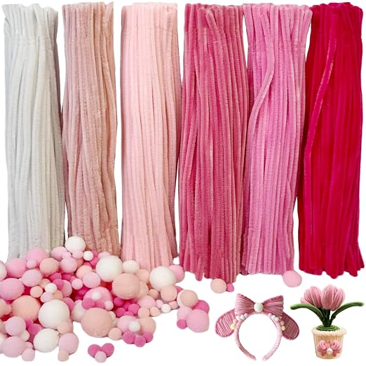600pcs Pink Pipe Cleaners Bulk and 300pcs Pompoms - Fluffy Fuzzy Wire, Pastel Pom Poms Chenille Stems for Arts & Crafts, Ideal for Making Flowers Animal Thanksgiving Christmas Party Supplies