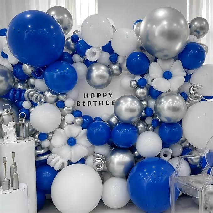 136pcs Blue White Silver Balloon Garland Kit - 18/12/10/5 Inch Royal Blue, Silver Confetti Balloon Arch for New Year, Graduation, Birthday, Father’s Day Decor