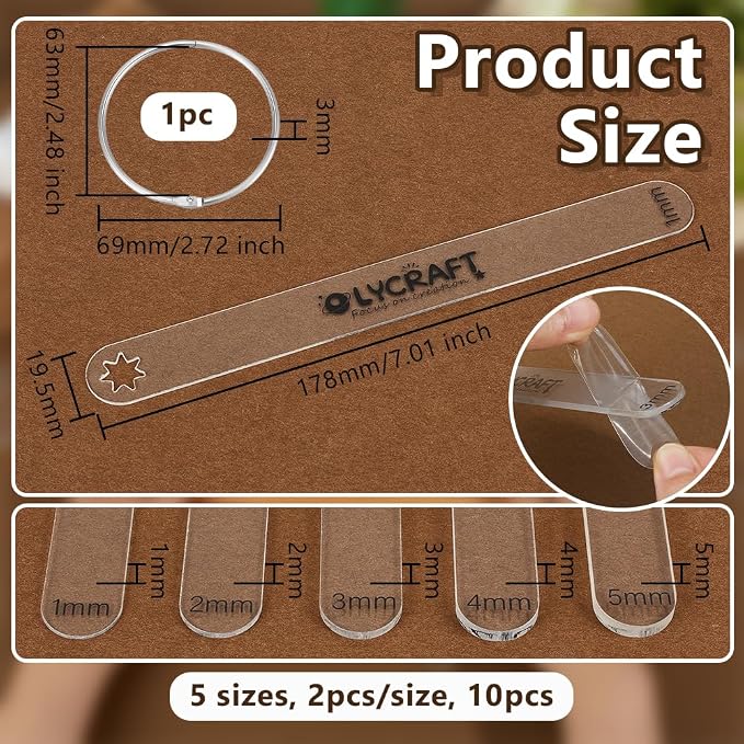 OLYCRAFT 10Pc 1/2/3/4/5mm Clay Depth Guides for Polymer Earrings DIY Making | Clear, Acrylic Polymer Clay Depth Guide Set, Adjustable Clays Rolling Pin Guide, with Protective Film, Clays Rolling Tools