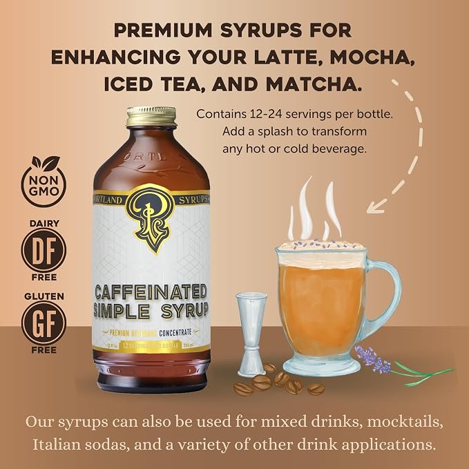 Portland Syrups - Caffeinated Simple Syrup - Premium Beverage Concentrate for a Boost of Clean Energy - Add to Soda, Cocktails, Tea, Coffee Drinks, and More - 12 oz with 24 Servings (Pack of 2)