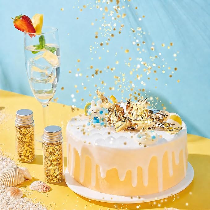 Lwuey Gold Leaf Flakes for Cake ＆ Drinks Decoration, 2PCS | Use for Cakes, Cupcakes, Chocolates, Desserts, Drinks, Cooking Decor, Birthday Party and Makeup Looks