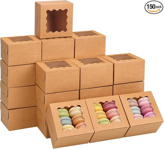 TOMNK 150pcs 4x4x2.5 Inch Cookie Boxes with Window, Small Pastry Boxes, Small Bakery Boxes for Cake, Treats, Donuts, Candy (Brown)