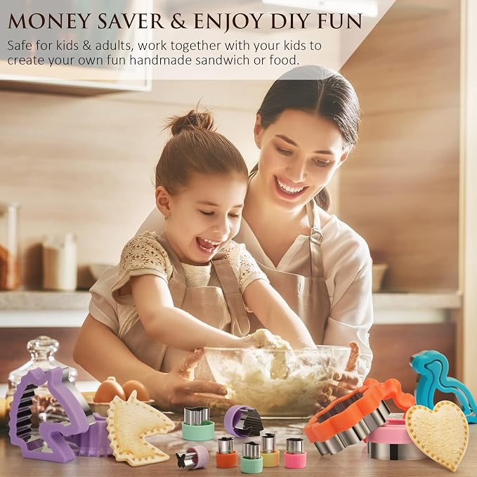 48Pcs Sandwich Cutter and Sealer Set for Kids, Decruster Sandwich Maker Holiday Cookie Cutters Fruit Vegetable Food Cutter Shapes for Boy & Girls Bento Lunch Box w/Mickey Mouse Dinosaur Unicorn Heart