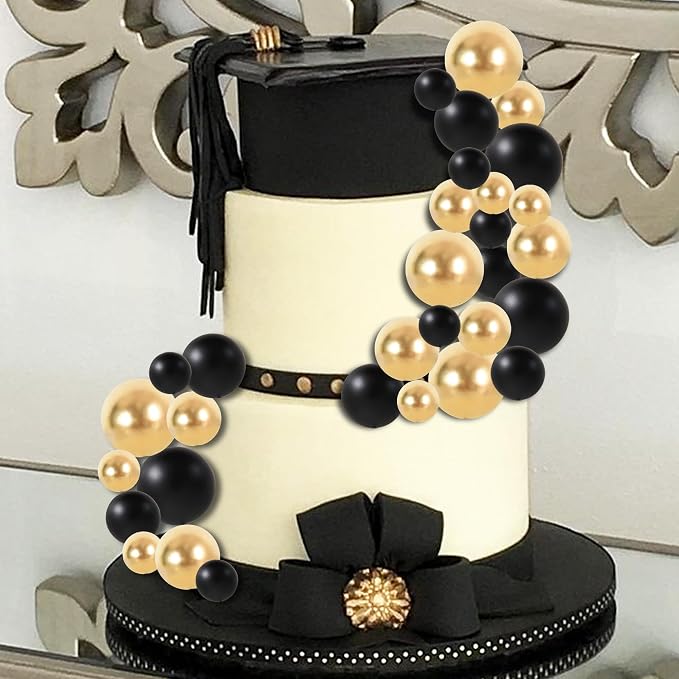 BEISHIDA 40 Pcs Ball Cake Toppers Mini Balls Cake Decorations Black Gold Foam Balls Sticks DIY Cake Topper for Congrats Grade 2026 Graduation Men Birthday New Year Retirement Party Decorations