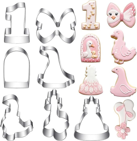 7pcs Duck Cookie Cutter - Stainless Steel Goose Cookie Cutter For Baby Shower First Birthday Party Supplies - Cute Goose Bow Hat Balloon Shapes One Birthday Cookie Cutters