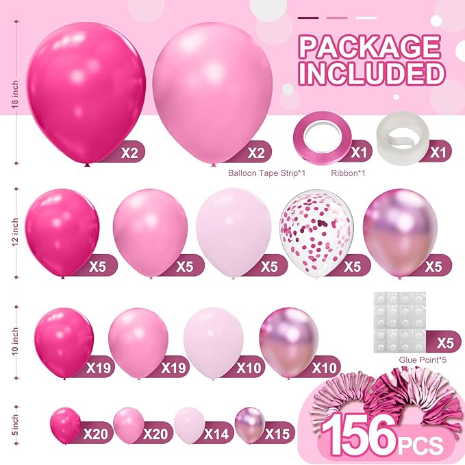 Pink Balloon Garland Arch Kit 156 Pcs Different Sizes 18 12 10 5 Inch Hot Pink Latex Metallic Confetti Rose Gold Garland Balloons for Bridal Baby Shower Birthday Princess Wedding Party Decorations