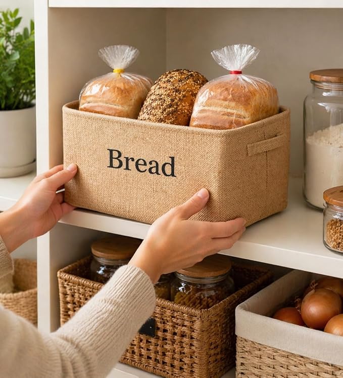 Bread Storage Bin- Burlap basket for keeping Bread, Rolls and other items for Kitchen Counter or Pantry