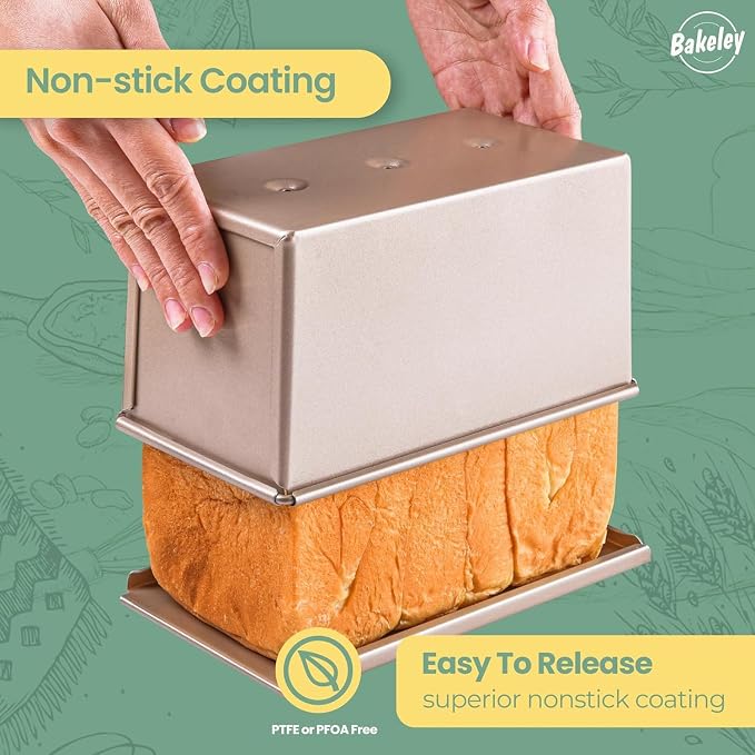 Commercial Pullman Loaf Pan with Lid, 1Lb Dough Capacity Non-stick Rectangle Flat Toast Box for Oven Baking 8.3" x 4.8" x 4.3"(Champagne Gold)
