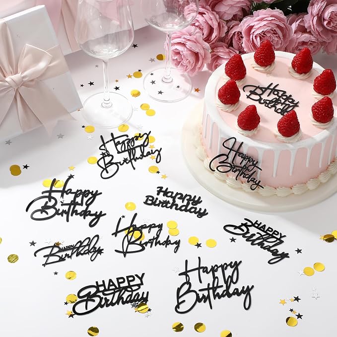 Barydat 50 Pcs Happy Birthday Cake Toppers Bulk Mirror Acrylic Cupcake Topper Decorations Happy Birthday Sign for Cake Inserts Decor Celebrate Anniversary Theme Party Supplies 10 Style(Black)