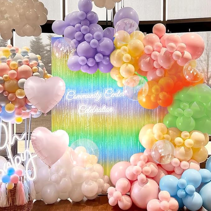 157PCS Pastel Balloons Arch Garland Kit with Macaron Rainbow Fringe Curtain for Birthday Bridal Baby Shower Wedding Valentine's Day Pride Month Block Party Decorations