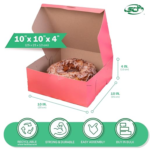 Southern Champion Tray 0873 Pink Paperboard Non-Window Lock-Corner Bakery Box, 10" Length x 10" Width x 4" Height (Case of 100)