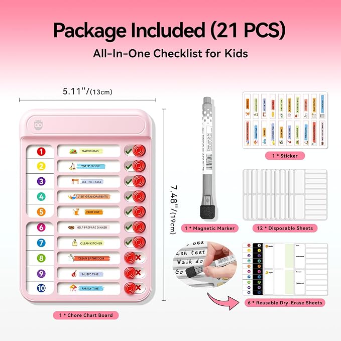 Chore Chart for Kids, to Do List Board with Sliders 19 Personalizable Sheets and Marker Visual Schedule for Kids with Autism Routine Chart Magnetic Dry Erase Board for Refrigerator, Desk, Home - Pink