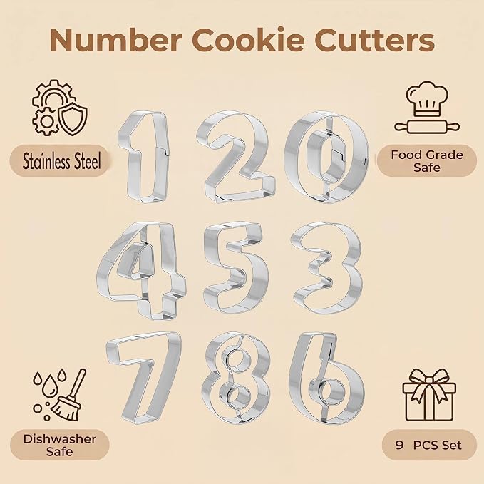 Number Cookie Cutters Set (3 Inch) - Birthday Numbers 0-9 (6 Reverses to 9) - for Baking, Fondant, Biscuits, and Kids' Lunch Sandwiches. 9 Pieces.