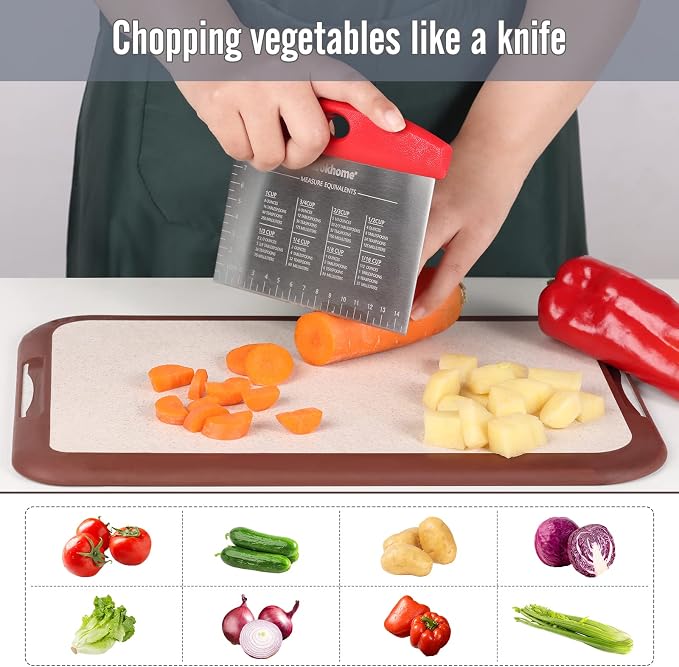 Ourokhome Rotary Cheese Grater Shredder and Pastry Dough Bench Scraper Knife, with Vegetable Peeler and Cleaning Brush (Red)