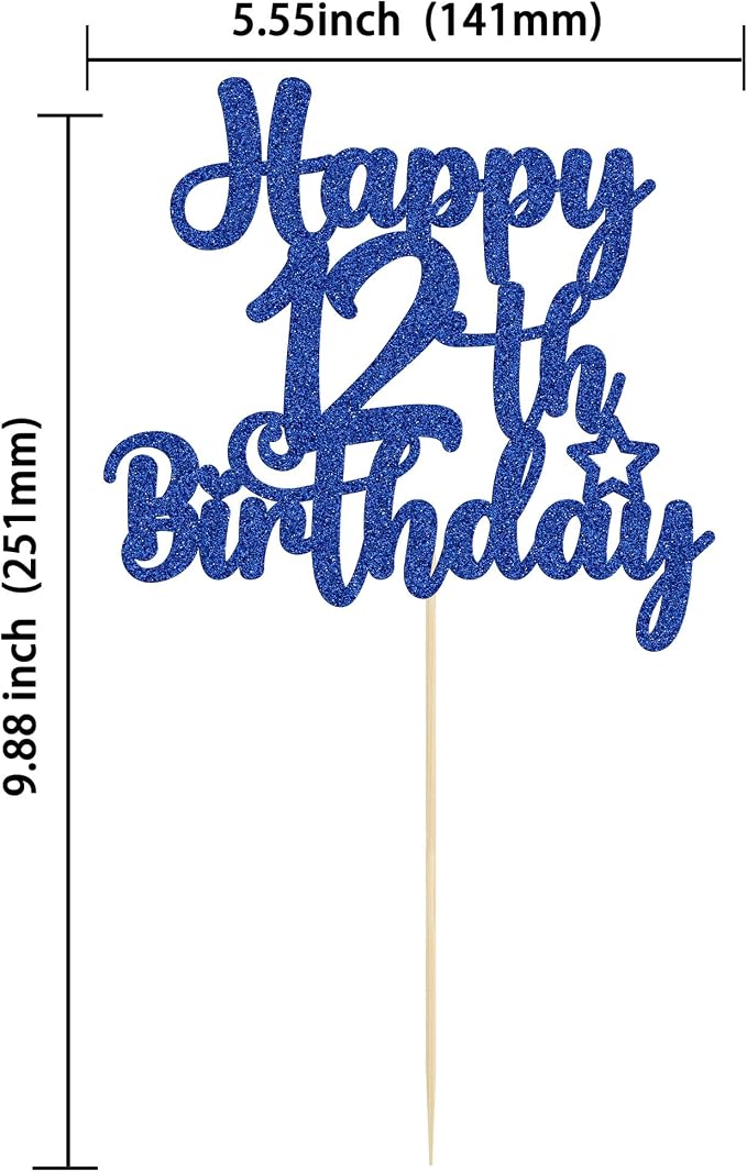 Gyufise 1Pc Happy 12th Birthday Cake Topper Glitter 12 & Fabulous Cheers to 12 Years Old Cake Pick for Celebrating 12th Birthday Anniversary Party Cake Decorations Supplies Blue