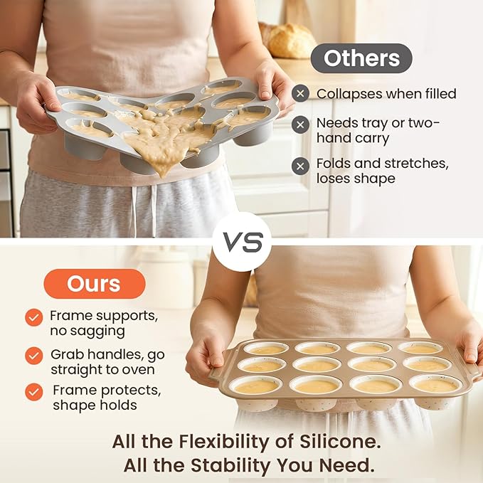 Silicone Muffin Pans for Baking with Metal Frame, 12-Cup Silicone Cupcake Pan, Egg Bite Silicone Mold, Nonstick, BPA Free, Oven & Dishwasher Safe