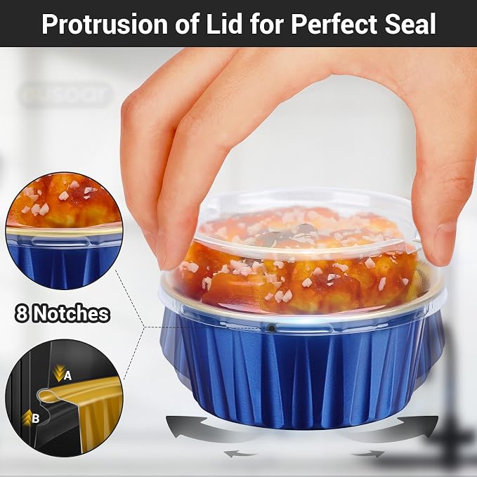 EUSOAR Disposable Ramekins with Lids, Royal Blue 50pcs 5oz Creme Brulee Ramekins Disposable, Muffin Liners Cups Oven Safe Mini Cheesecake Foil Pans Dessert Containers for Party Favor Birthday