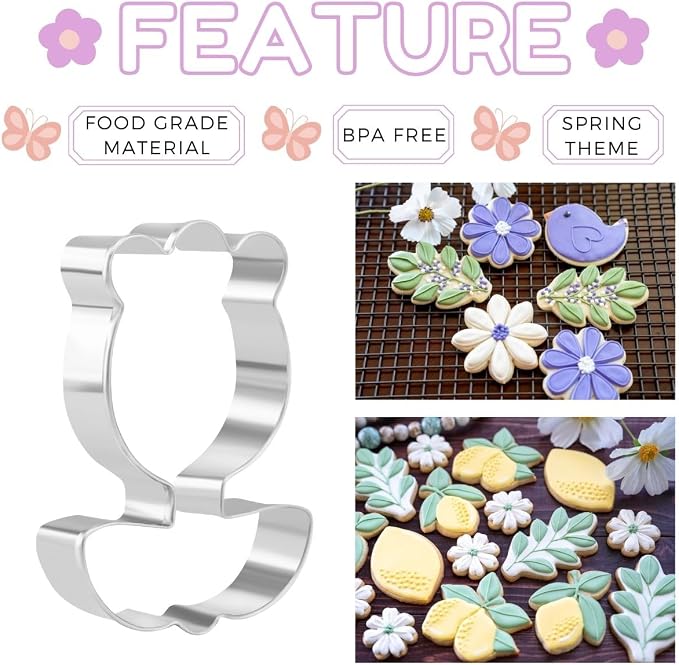 Crethinkaty 6 Pieces Spring Cookie Cutters Set for Baking - Tulips, Leaves, Flowers, Sunflowers, Rose and Butterfly Shape Stainless Steel Biscuit Cutter for Springtime, Easter
