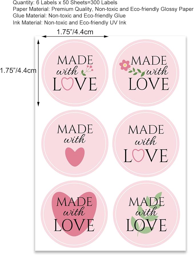 300pcs 1.75" Made with Love Round Gift Labels - Heart, Floral & Green Leaf Design, Eco-Friendly Glossy Stickers for Homemade Handmade DIY Gifts, Treats, Crafts, Beauty, Gift Decoration