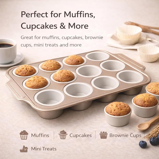 2Pack Silicone Muffin Pans with Steel Frame, 12-Cup Nonstick Bakeware, Reusable Cupcake Pans with 12 Piping Nozzles & Bag for Baking | Silicone Muffin Pans for Cupcakes & Muffins