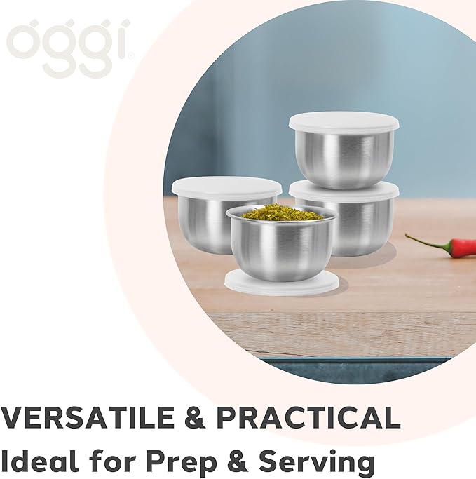 OGGI Set of 4 Stainless Pinch Bowls - 4 fl oz with Lids, Ideal Salt & Pepper Bowls, Mini Storage Bowls, White Lid