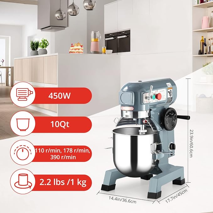 Towallmark 10QT 450W Commercial Food Mixer, 3 Speeds Adjustable, Stainless Steel Bowl Stand Mixer With Safety Guard, Premium for Bakeries Restaurants Pizzerias(10 QT)