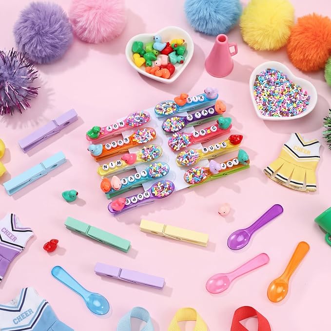 Geelin Cheer Pins Kit with 80 Pcs Spirit Clips, 800 Letter Beads, 30 Ducks, 80 Spoons, Glue, Decoration for Cheerleaders, Volleyball Team Gifts Bulk Stuff DIY Charms Macaron Colors