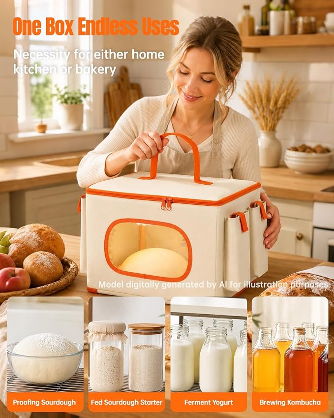 Foldable Bread Proofing Box with Temp Control, 3 Side Pockets &Front Window | Bread Proofer with Handle, 50-113°F Control, 15-Preset 0-48H Timer for Sourdough Proofing Box, Pizza Dough, Yogurt & Kombucha