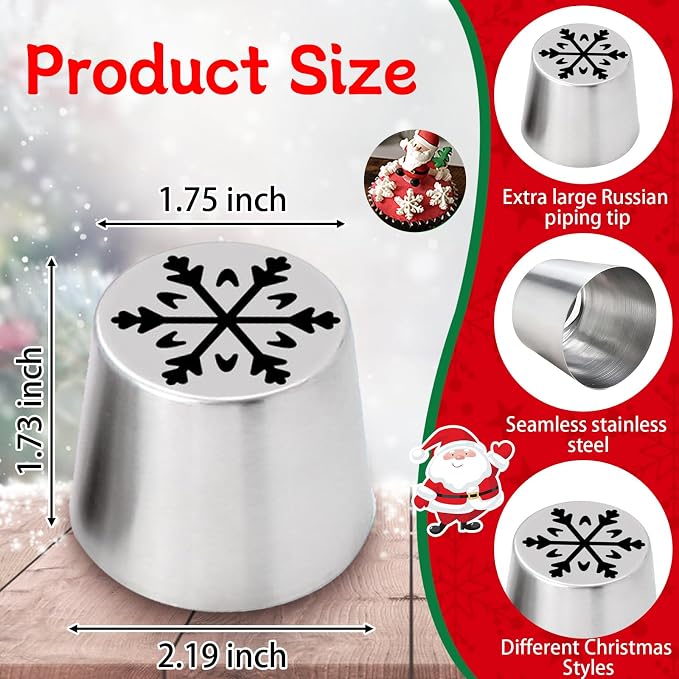 14-Piece Extra Large Christmas Russian Piping Tips, Stainless Steel Santa Claus, Snowflake, Christmas Tree Designs, for Cake Decorating Flower Nozzles Cookie Dessert Baking Tools