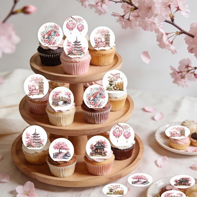36PCS Edible Cherry Blossoms Cupcake Toppers Japanese Edible Cherry Flowers Bouquet Cake Picks Wafer Paper Cherry Cupcake Decors for Cherry Theme Party Cake Supplies (Cherry Blossoms Scene)
