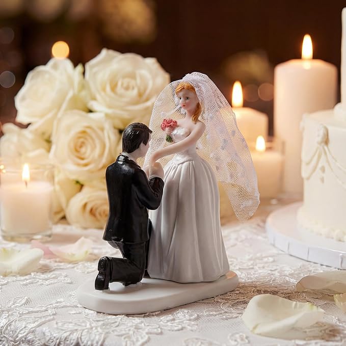 Remerry 4.5" Wedding Bride and Groom Cake Topper Vintage Elegant Wedding Cake Topper Couple Figurine Novios Para Pastel for Engagement Romantic Funny Couple Statue Anniversary(Marry Me,White)