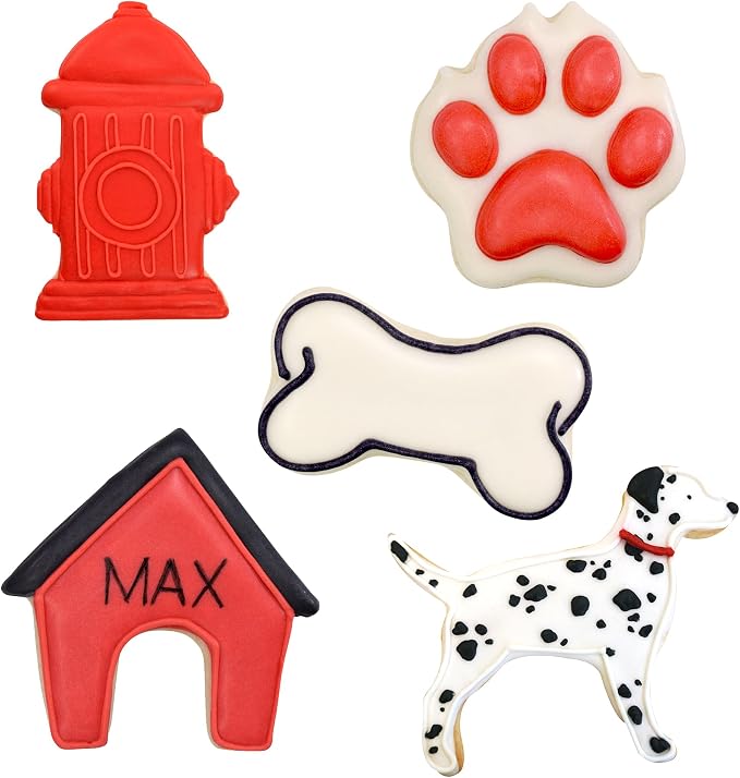 R&M International Mini Dog Cookie Cutters in Storage Tin, Paw, Dog, Fire Hydrant, Bone, House, 5-Piece Set