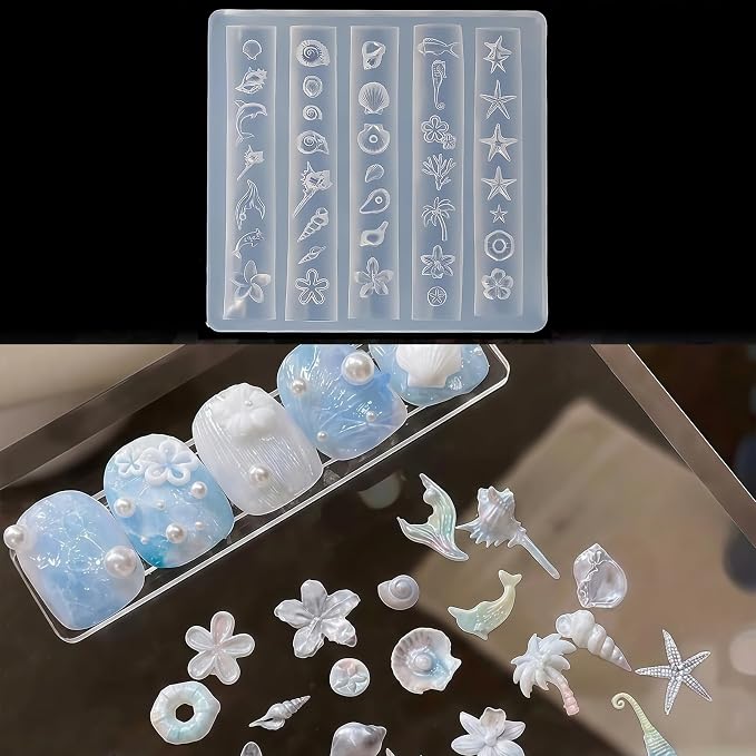 Ocean Nail Art Silicone Mold, 3D Seashell Starfish Conch Nail Charms Mold, Marine Theme Silicone Mold for Acrylic Gel Resin Nail Decoration, Reusable DIY Nail Accessories