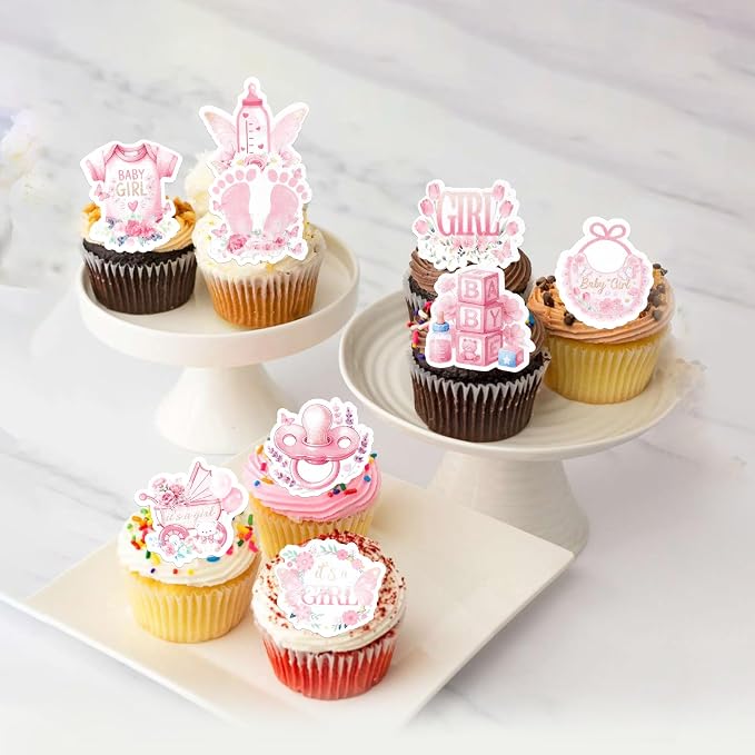 63 PCS Edible Baby Shower Cupcake Toppers Bottle Carriage Oh Baby Girl Cupcake Picks Edible It's a Girl Cupcake Decorations for Gender Reveal Baby Shower Birthday Party Cake Decorations Supplies Pink