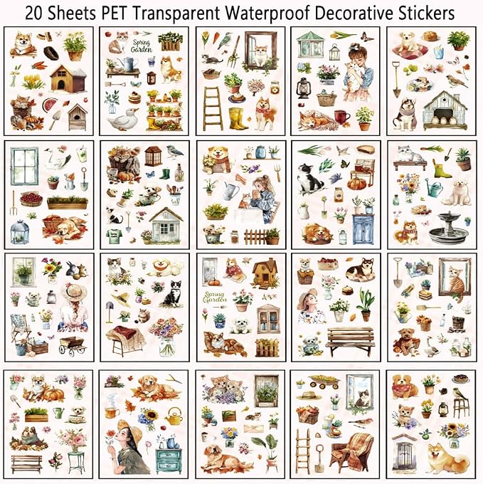 Scrapbook Sticker Book for Scrapbooking and Journaling, Country Cottage Scenery Pet Theme, 20 Sheets 3.9x5.9 inches, Precut Transparent PET Stickers for Junk Journal Supplies, Collage, Scrap Book