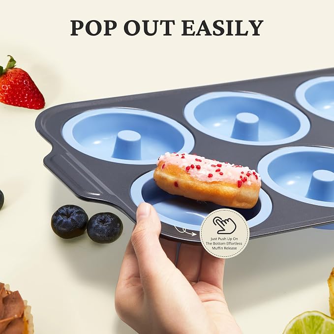 BRONYPRO Silicone Donut Pan for Baking with Metal Reinforced Frame, 6-Cavity Nonstick Doughnut Mold, Large Donut Size, Food-Grade Bakeware, Oven Dishwasher Freezer Safe, Blue