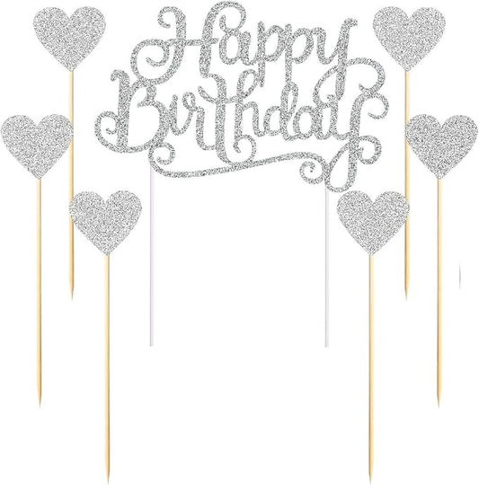 PALASASA Happy Birthday Cake Toppers Gold glitter letters"happy birthday"and love star,Party decor Decorations,Set of 7 (Silver)